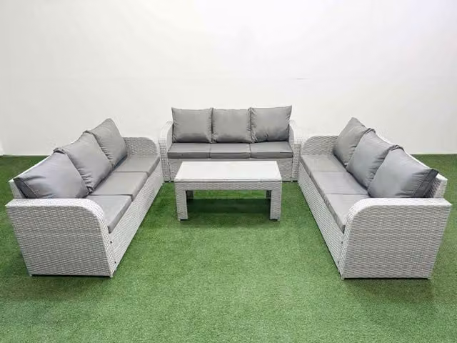 Fimous 9 Seater PE Rattan Outdoor Garden Lounge Sofa Set with Oblong Coffee Table in Light Grey
