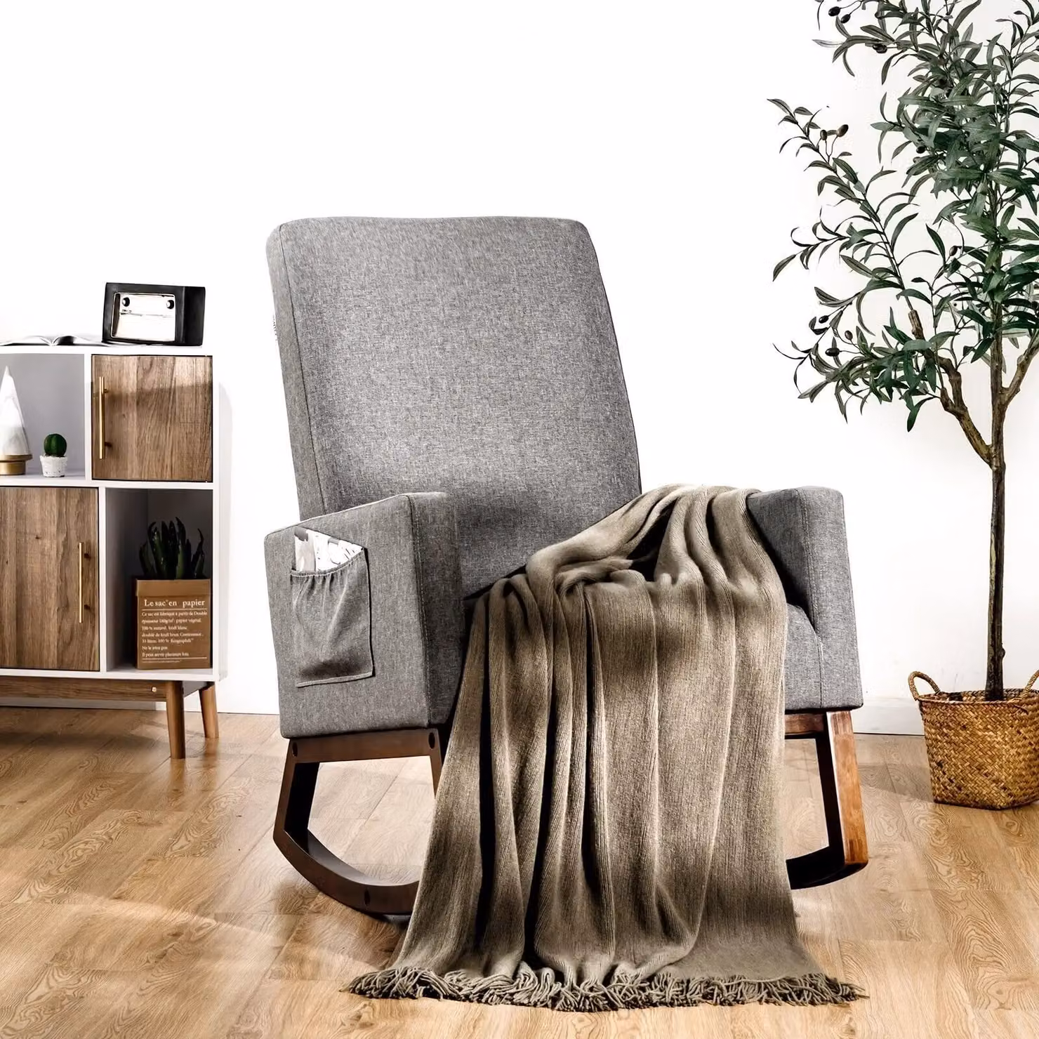 Costway Modern Upholstered Fabric Rocking Chair with Rubber Wood Base in Grey – 3