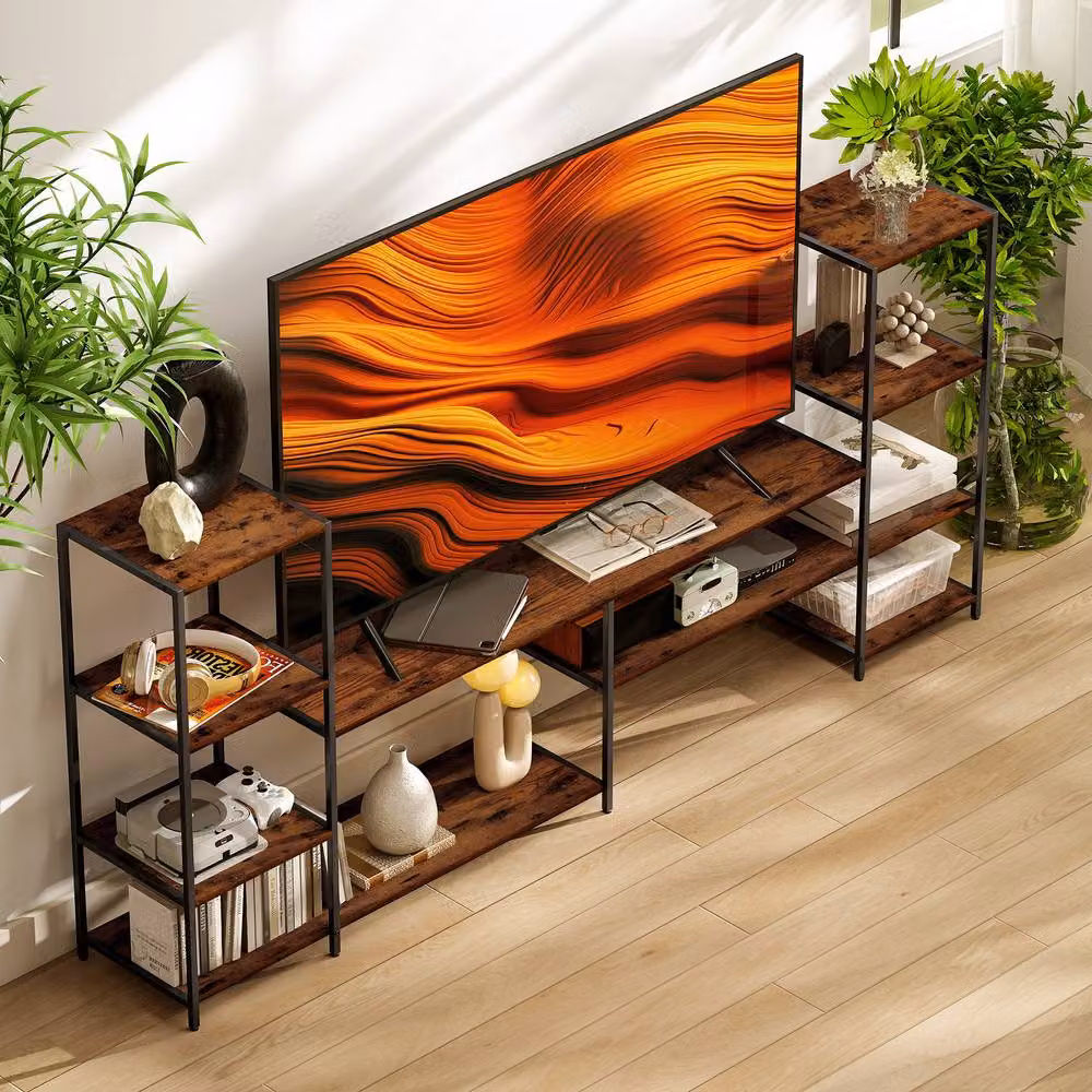 STILVORA Rustic Brown TV Unit with 8 Shelves and Metal Accents – 2