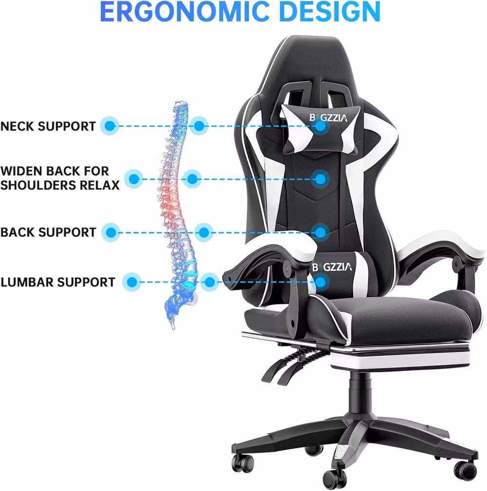 Gartistgo Ergonomic Gaming Chair in Black with Headrest, Foot Ring and Armrests – 3
