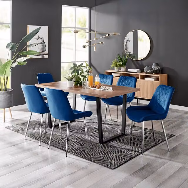 FurnitureboxUK Kylo Brown Wood Effect Dining Table and 6 Pesaro Navy Velvet Chairs with Silver Legs
