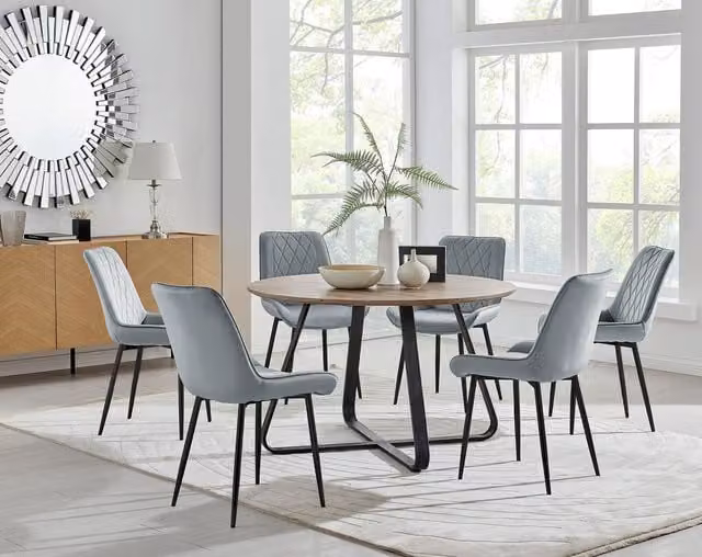 FurnitureboxUK Santorini Brown Round Dining Table and 6 Pesaro Grey Upholstered Chairs with Black Legs – 1