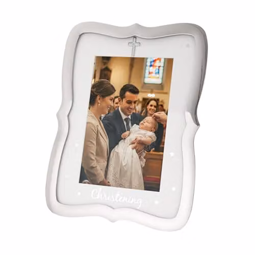 Happy Homewares Christening Picture Frame in Silver, Metal and Glass, Rectangular Tabletop Design for 10x15 cm Photos