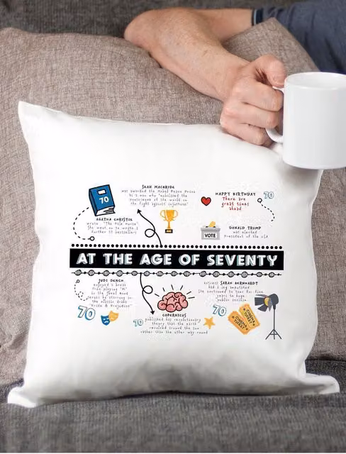 Afewhometruths 70th Birthday Fun Facts Cushion in White, W/D/H: 40 x 40 x 40 cm – 1