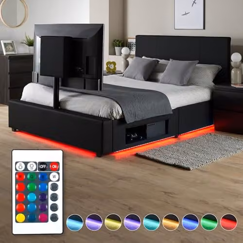 X-Rocker AVA Black Synthetic Leather Double TV Bed with Rotating 55 inch TV Mount, Storage, Cable Management and RGB LED Underbed Lighting, W/D/H: 140 x 200 x 108 cm – 2