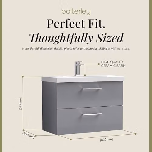 Balterley Wall Hung Bathroom Vanity Unit with Basin and 2 Soft Close Drawers, Grey, W: 81.0 cm, D: 39.0 cm, H: 57.9 cm – 2