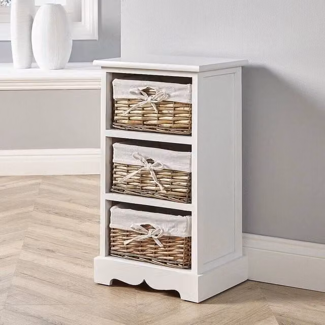 ERGOVEXA White Wooden 3 Drawer Chest with Willow Wicker Baskets