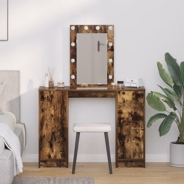 Berkfield Home Smoked Oak Dressing Table with Hollywood LED Lights, Brown, W: 102 cm, D: 33 cm, H: 135 cm