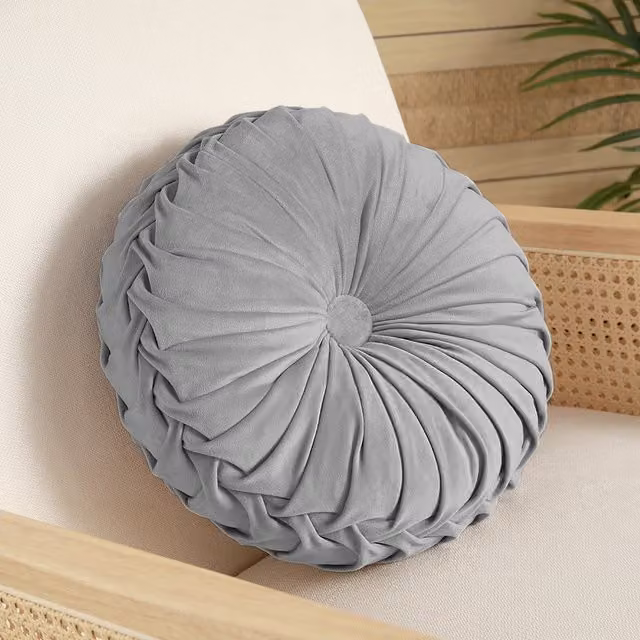 Livingandhome Round Pleated Pumpkin Velvet Cushion, Grey, Diameter: 35 cm
