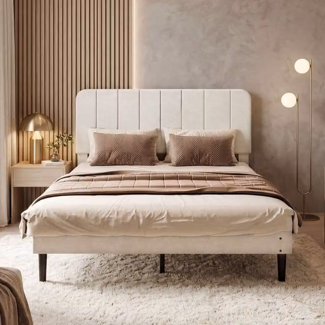 Levede White Upholstered Platform Double Bed Frame with Adjustable Headboard W/D/H: 140 x 200 x 113 cm