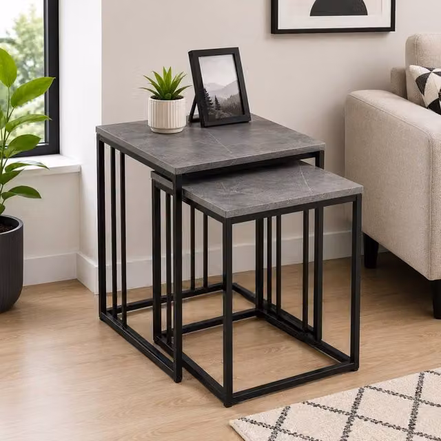 SPOT ON DEALZ Set of 2 Square Nesting Tables with Black Metal Frame and Grey Stone Effect MDF Tops – 5