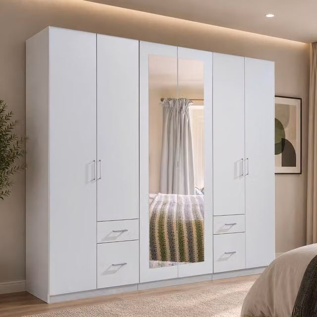 Fly White 6 Door Modern Wardrobe with Mirror and 4 Integrated Drawers, Width: 270 cm