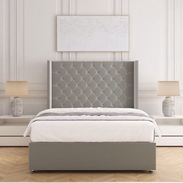 BSSPOKE Winchester Super King Divan Bed Set with 54 inch Headboard and Mattress in Silver Plush Velvet