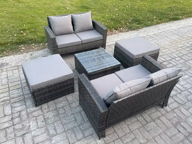 Fimous 5 Piece Grey Rattan Garden Furniture Set with 2 Double Seater Sofas, Coffee Table and 2 Ottomans