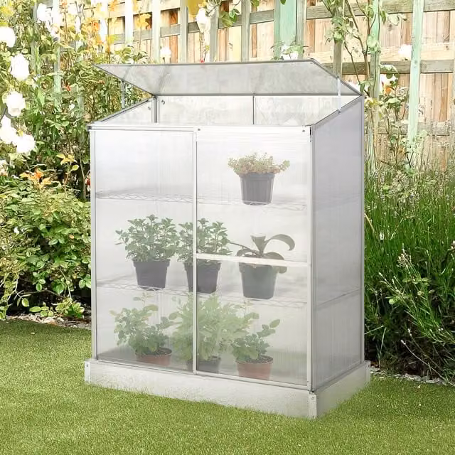 Outsunny 3-Tier Aluminium Greenhouse with Polycarbonate Cold Frame and Shelving, Silver, H 139.5 x W 60.96 x D 58.0 cm