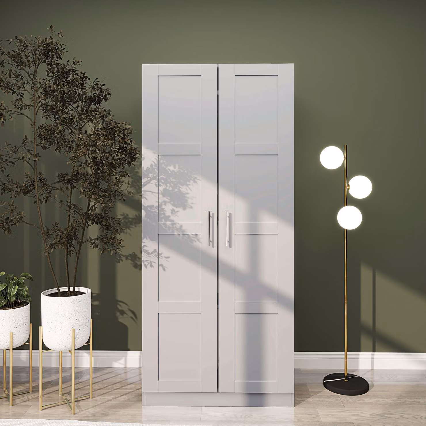 HOMCOM Grey Modern Double Paneled Door Wardrobe with Internal Shelves and Soft Close Hinged Doors – 2
