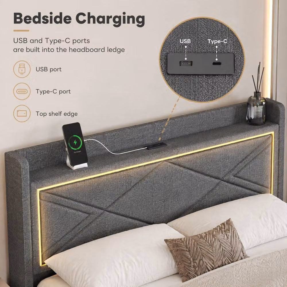 STILVORA King Size Ottoman Bed in Grey Linen with LED Under-Bed Lighting and USB Charging Ports, W/D/H: 180 x 200 x 110 cm – 6