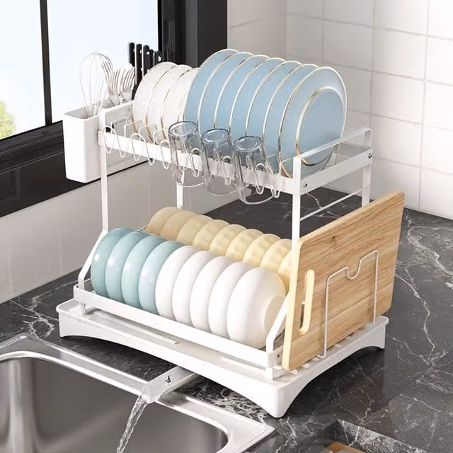 Lifeideas 2-Tier Carbon Steel Dish Drainer with Cup Holder, White