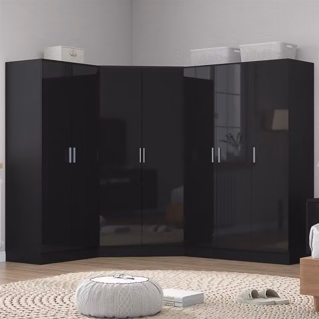 REFLECT Wardrobe Bundle in Black Gloss and Matt Black, featuring Corner, 3-Door, and 2-Door Units