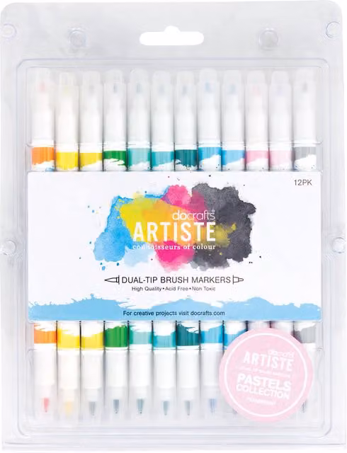 Artiste Pack of 12 Pastel Dual Tip Brush Ink Markers in Multicolour