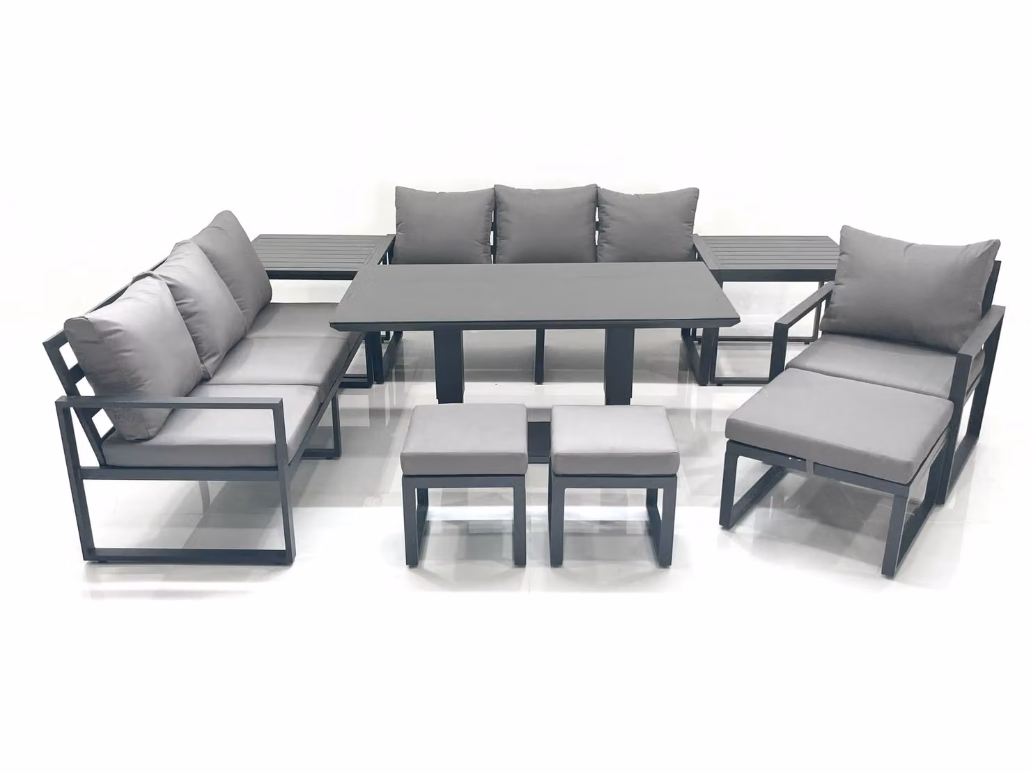 Fimous Outdoor Garden Furniture Set in Dark Grey, featuring an Aluminium Lounge Sofa, Height-Adjustable Dining Table, 3 Footstools and 2 Side Tables – 2