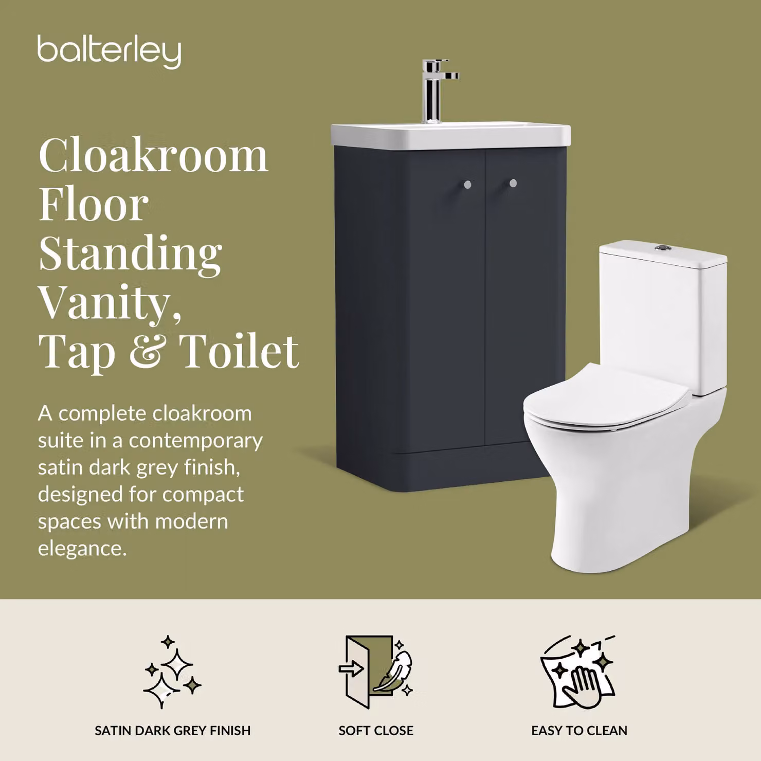 Balterley Dark Grey 2 Door Freestanding Bathroom Vanity Unit with Tap and Toilet Pack – 2