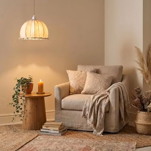 Happy Homewares Linen Fabric Ruffled Dome Ceiling Pendant Light Shade in Beige, W: 32 cm, H: 21 cm – 2