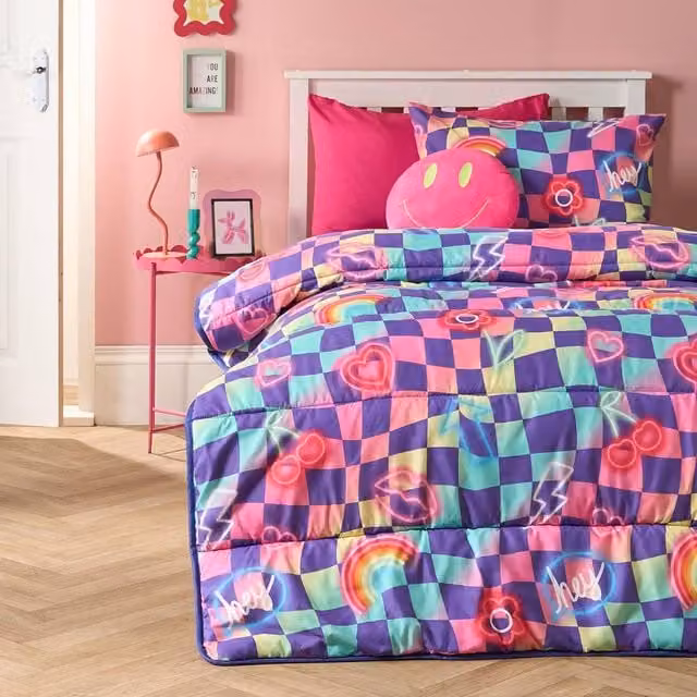 OHS Kids Checkerboard Multicolour Coverless 10.5 Tog Duvet Set and Pillowcase, Single Size – 1