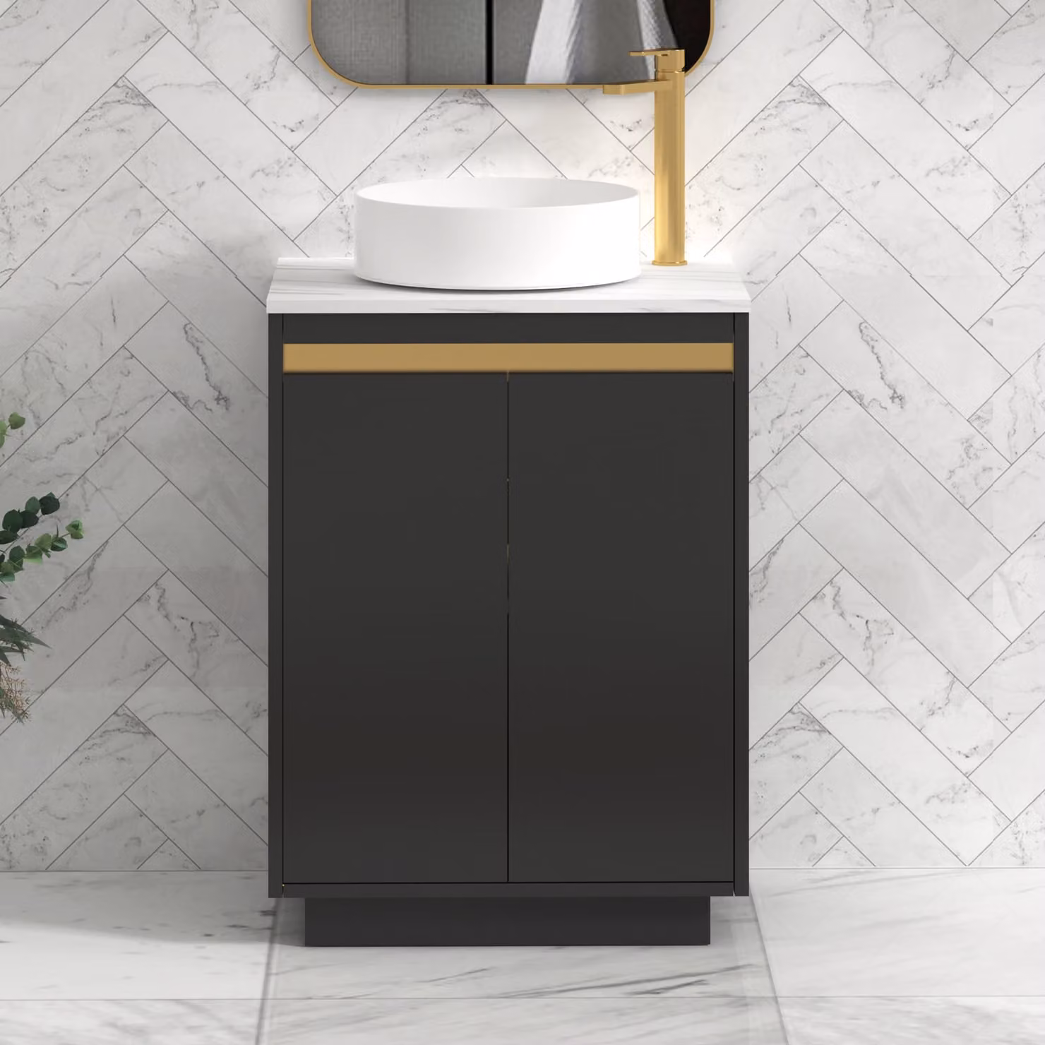 Royal Bathrooms Orion 800mm Matt Obsidian Black Floor Standing 2 Door Vanity Unit with Carrara White Undrilled Worktop and Brushed Brass Accent Trim
