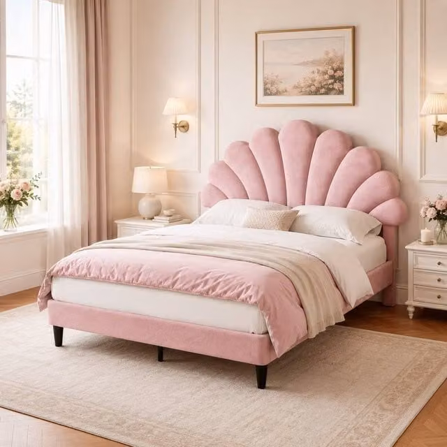STILVORA Double Upholstered Velvet Bed Frame in Pink, W/D/H: 140 x 200 x 116 cm