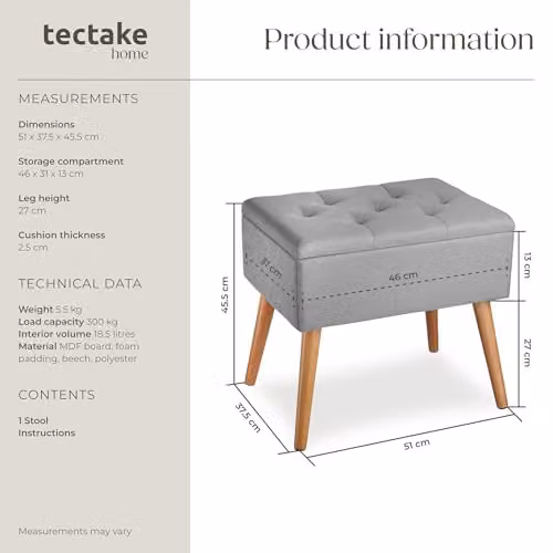 tectake Ranya Upholstered Storage Bench with Removable Top Pad and Beech Wood Legs in Grey – 3