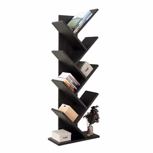 Bimossa Hitit Tree Bookcase in Black, Modern Wooden Freestanding Bookshelf with Multi-Compartment Storage, Height: 128.5 cm – 1