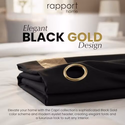 Rapport Home Capri Blackout Eyelet Curtains Pair in Black and Gold, Thermal Insulating Velvet Polyester, W: 180 cm, H: 182 cm – 3