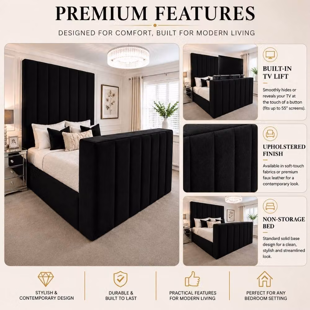 Stratus Interiors Modern Lined Upholstered Panel Bed with Integrated TV Lift in Black, King Size (W/D/H: 180 x 200 cm) – 2