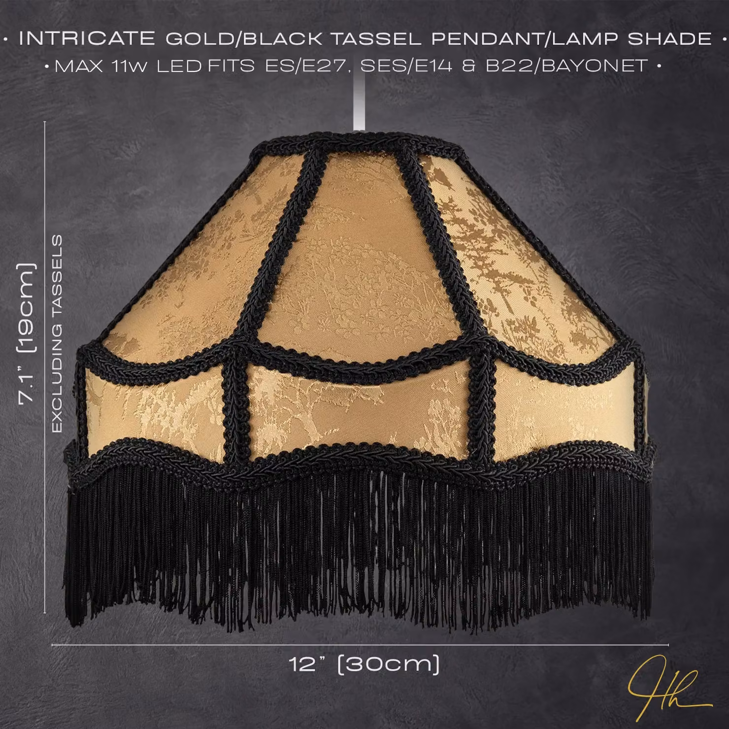 Happy Homewares Gold and Black Victorian Fabric Lamp Shade with Floral Decoration and Long Tassels – 6