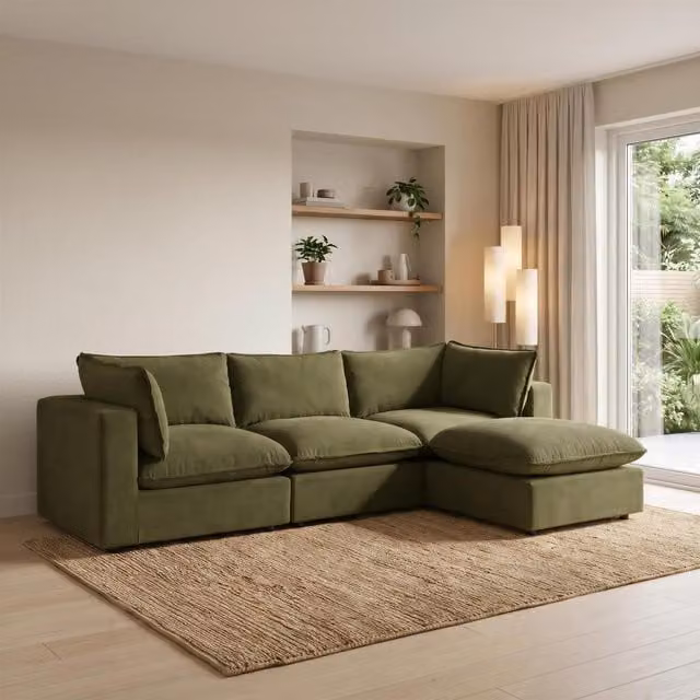 Furniturebox UK Echo Linen-Look Fabric 3 Seater Modular L-Shape Chaise Sofa in Green with Matching Ottoman and Scatter Cushions, Width: 179 cm
