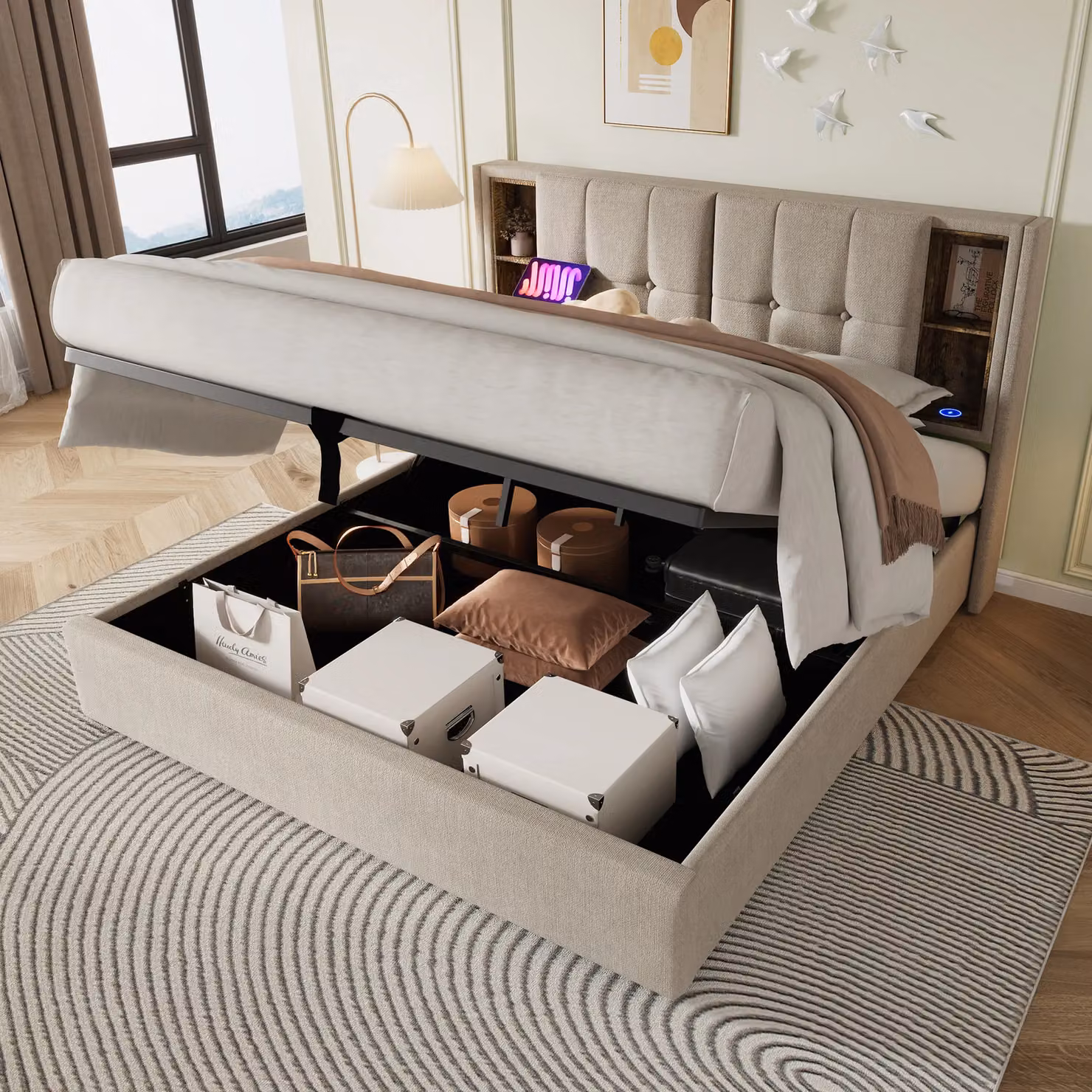 Matteo Upholstered Double Bed in Brown with USB Charging and Lift-Up Base, W: 135 cm, L: 190 cm – 5