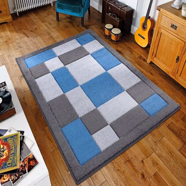 Havana Hand Carved Thick Rectangular Area Rug in Dark Grey Blue, 150 cm