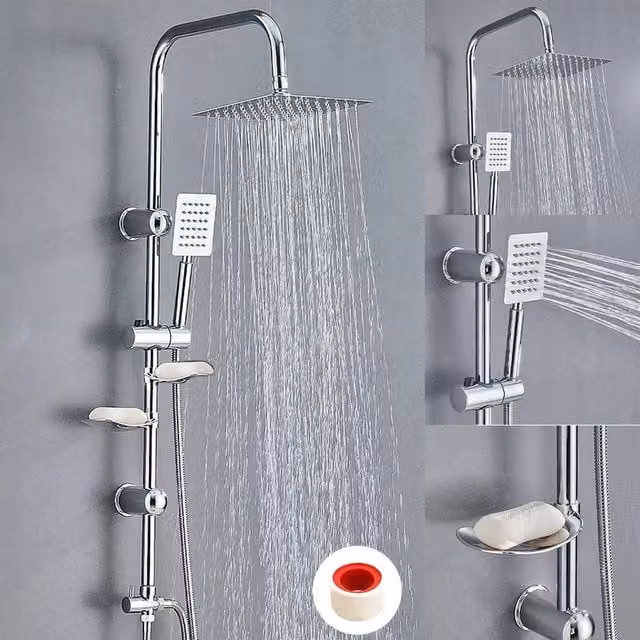 Ventryn Large Square Chrome Shower Set with Twin Head Waterfall Riser and Diverter in Silver – 1