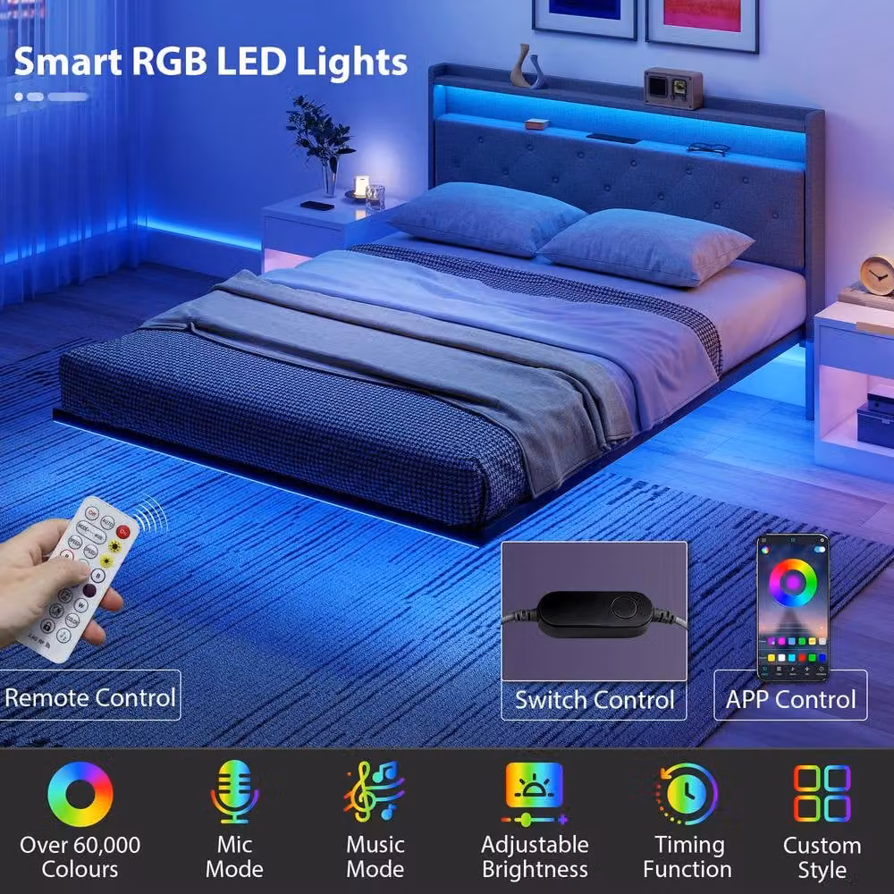 STILVORA Grey Fabric Floating King Bed Frame with RGB LED Under-Bed Lighting, USB Charging Ports and Bedside Shelves, W/D/H: 180 x 200 cm – 5