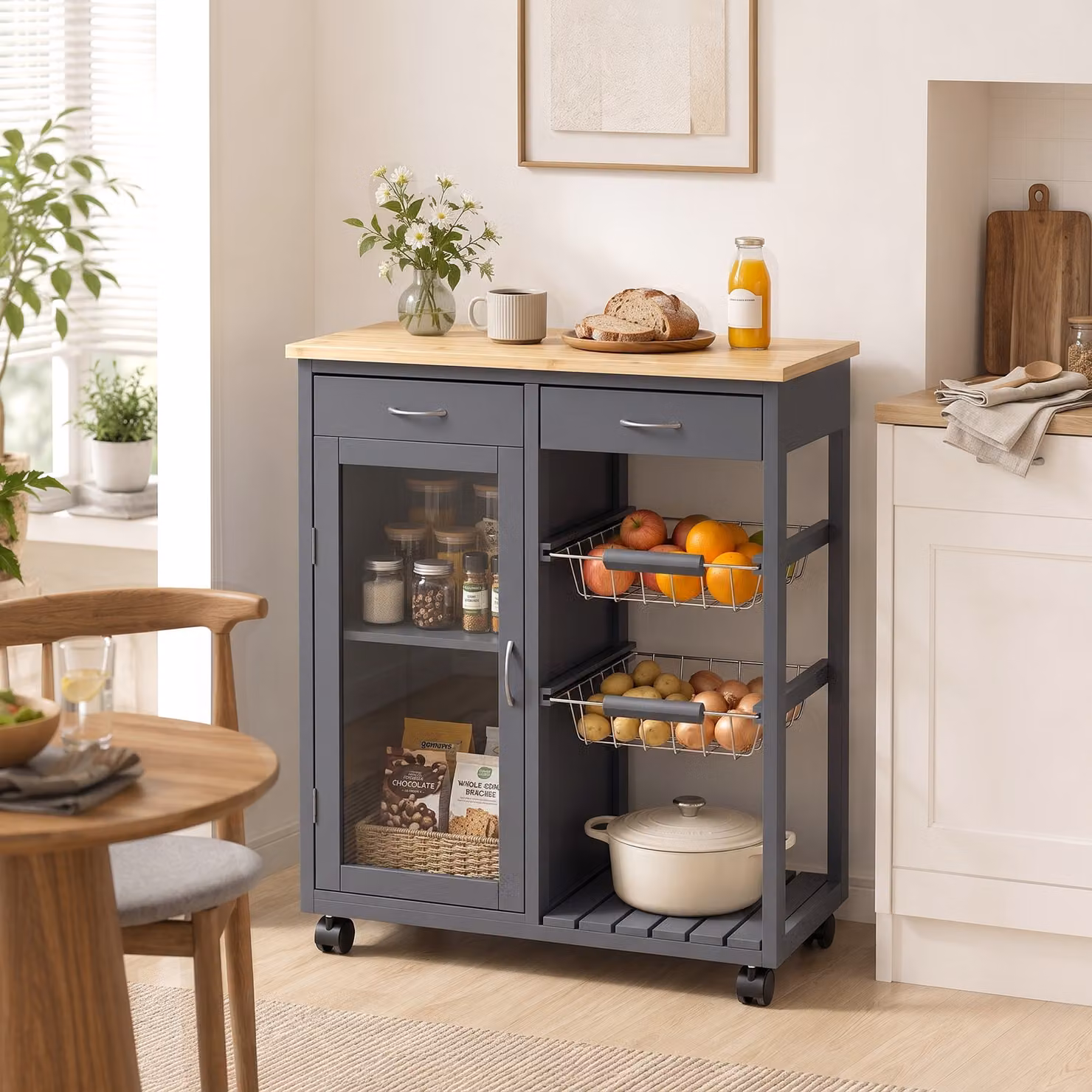 HOMCOM Grey Bamboo Kitchen Island Rolling Trolley with Glass Door, Metal Wire Baskets and Adjustable Shelf – 2