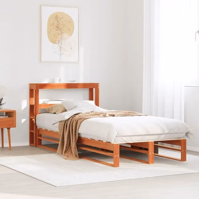 Berkfield Home Small Single Solid Wood Pine Bed Frame in Wax Brown with Side Compartments, W: 75 cm, L: 190 cm – 1