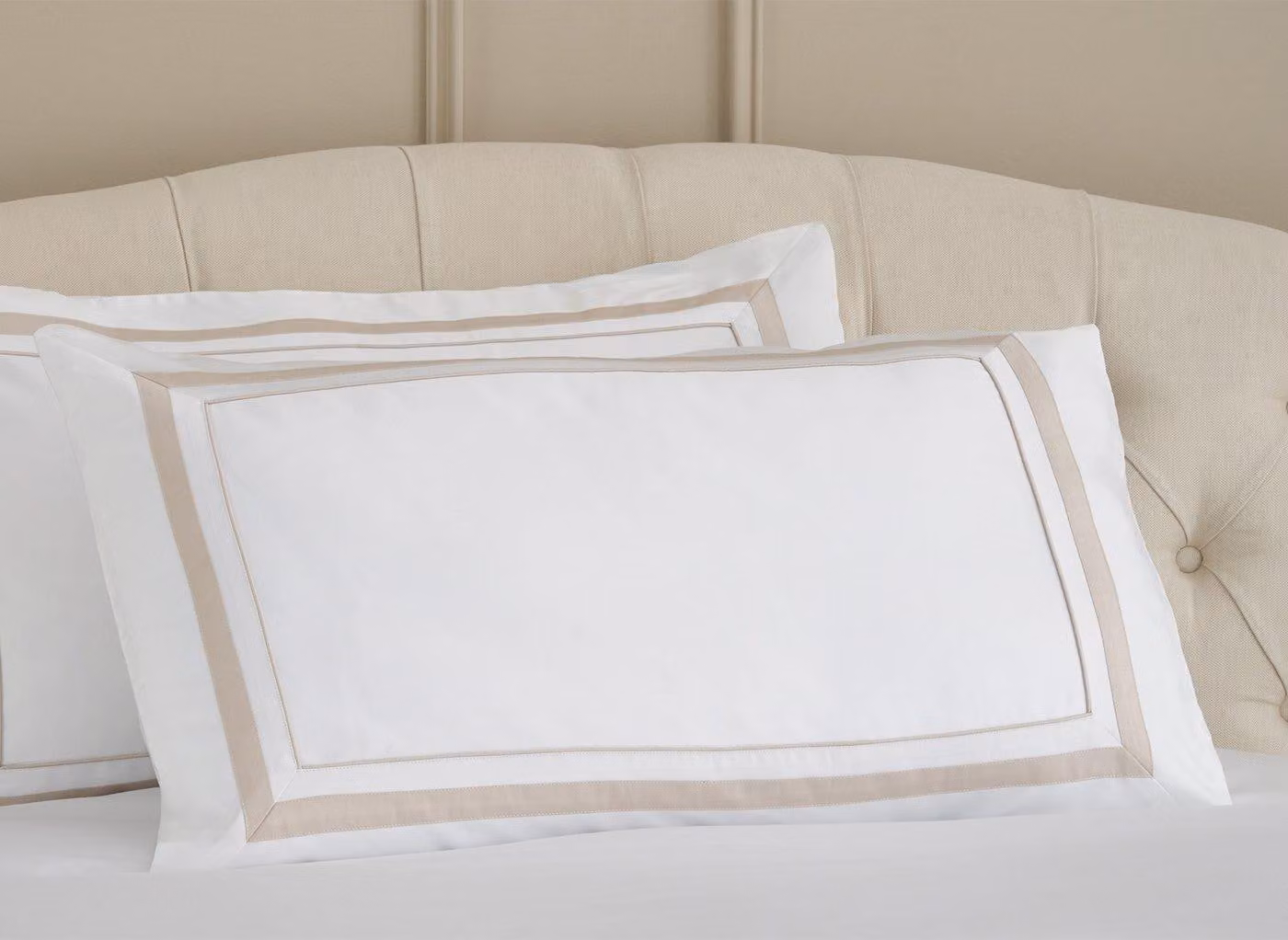 Feather and Black Langham Natural Cotton Percale Pillowcase Pair in White or Beige