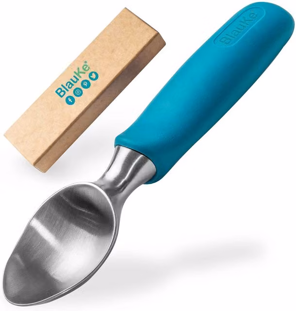 BlauKe Stainless Steel Ice Cream Scoop with Non-Slip Rubber Grip, Silver