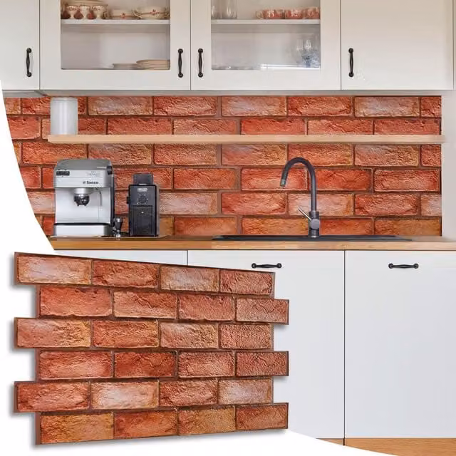 NOVECRAFTO 3D PVC Wall Panels with Reddish Brown Brick Effect, W: 96 cm, H: 48 cm