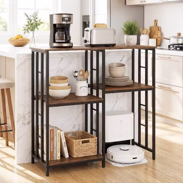 Gymax Brown Kitchen Storage Unit with 4 Shelves for Oven and Microwave Stand – 1