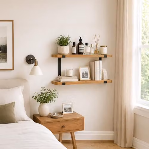 Innoteck 2 Tier Floating Wall Mounted Shelves in Oak Effect with Black Metal Brackets, Width: 60 cm – 2