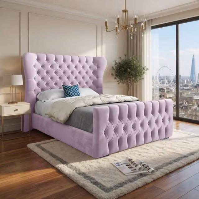 KDMD Silverdale Wide Curved Designer Bed Frame in Pink Soft Velvet, Size: 180 x 200 cm