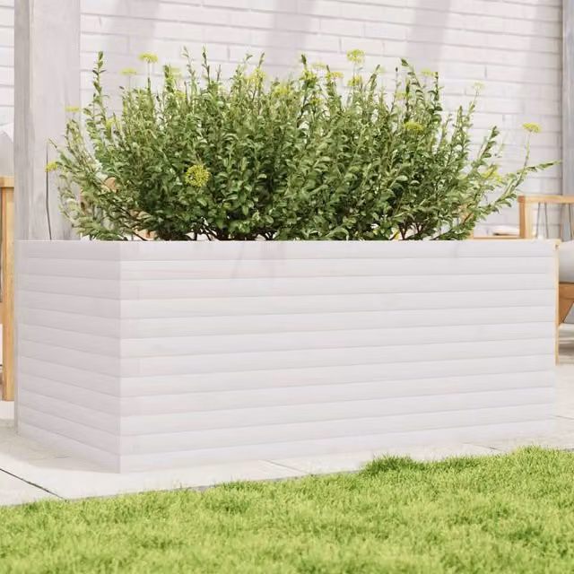 Berkfield White Solid Wood Pine Garden Planter Tub W: 110 cm, D: 60 cm, H: 45.5 cm