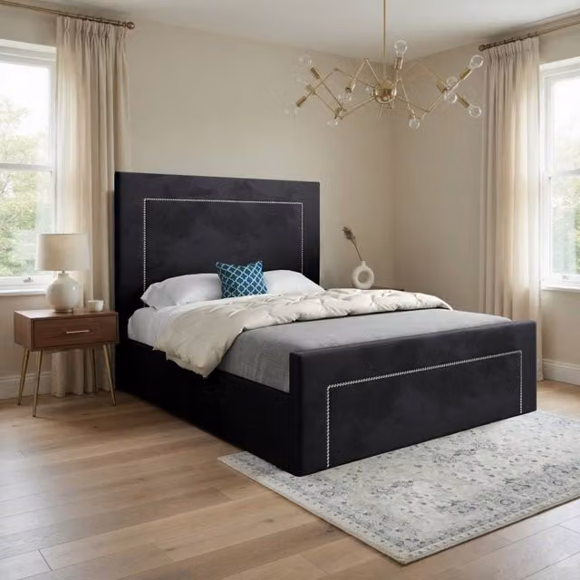 Casani Kensworth Upholstered Black Soft Velvet Designer Bed Frame, W/D/H: 144 x 137 x 200 cm – 1